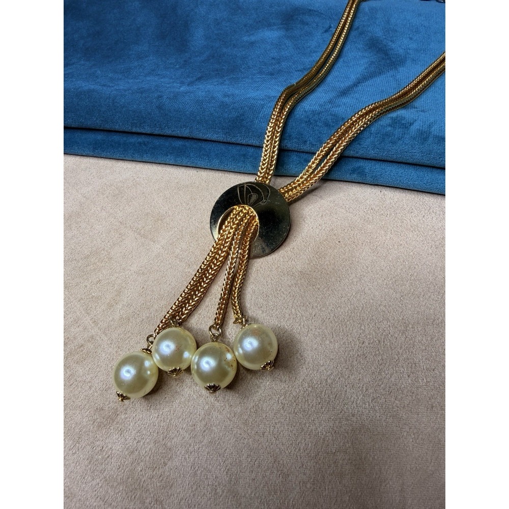 Vintage Gold-Tone Double‎ Foxtail Chain Bolo Tassel Necklace with Faux Pearls